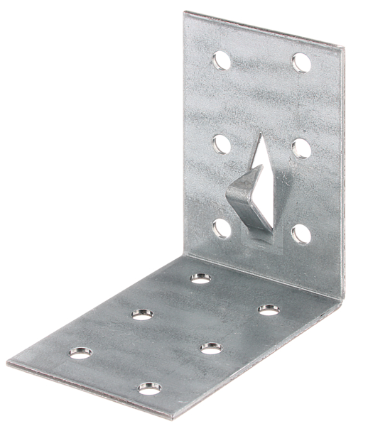 Escuadra estrecha perforada con una diente de fijación para enclavar, Material: Acero crudo, Superficie: acero galvanizado Sendzimir, Profundidad: 60 mm, Altura: 60 mm, Anchura: 40 mm, Espesura del material: 1,50 mm, Número de agujeros: 12, Perforación: Ø4,5 mm, CutCase