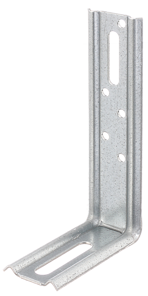 Adjustable angle connector, stamped, 90° angle, Material: raw steel, Surface: sendzimir galvanised, Depth: 120 mm, Height: 70 mm, Width: 30 mm, Material thickness: 1.50 mm, No. of holes: 1 / 1 / 5, Hole: 8 x 40 / 6.5 x 40 / Ø4.5 mm