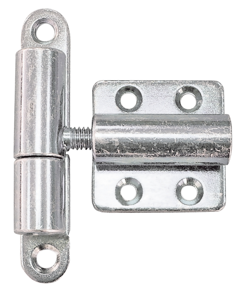 Lift-off hinge, adjustable, with countersunk screw holes, Material: raw steel, Surface: galvanised, thick-film passivated, Length: 83 mm, Width: 15 mm, Plate length: 40 mm, Plate width: 40 mm, No. of holes: 2 / 4, Hole: Ø6 / Ø5.3 mm