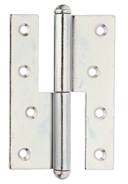 Lift-off hinge, with countersunk screw holes, Material: raw steel, Surface: sendzimir galvanised, left, Length: 120 mm, Width: 88 mm, Material thickness: 2.70 mm, No. of holes: 8, Hole: Ø6 mm