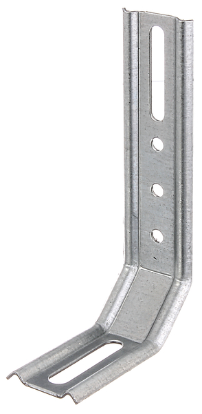 Adjustable angle connector, stamped, 2 angles 45°, Material: raw steel, Surface: sendzimir galvanised, Depth: 50 mm, Leg: 30 mm, Height: 110 mm, Width: 32 mm, Material thickness: 1.50 mm, No. of holes: 1 / 1 / 3, Hole: 8 x 40 / 6.5 x 40 / Ø5.5 mm, CutCase