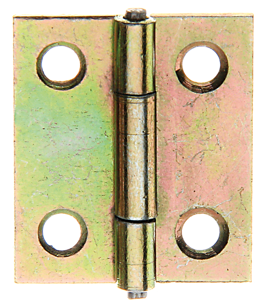 Hinge, narrow, with countersunk screw holes, Material: raw steel, Surface: yellow galvanised, with riveted stainless steel pin, Length: 25.5 mm, Width: 22 mm, Type: rolled, Material thickness: 0.75 mm, No. of holes: 4, Hole: Ø3 mm