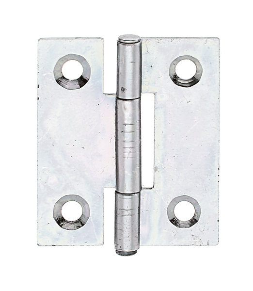 Hinge, narrow, with countersunk screw holes, Material: raw steel, Surface: sendzimir galvanised, with riveted stainless steel pin, Length: 31.5 mm, Width: 25.8 mm, Type: rolled, Material thickness: 0.75 mm, No. of holes: 4, Hole: Ø3 mm