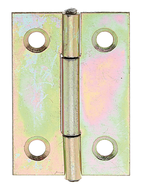 Hinge, narrow, with countersunk screw holes, Material: raw steel, Surface: yellow galvanised, with riveted stainless steel pin, Length: 38 mm, Width: 26 mm, Type: rolled, Material thickness: 0.75 mm, No. of holes: 4, Hole: Ø3.7 mm