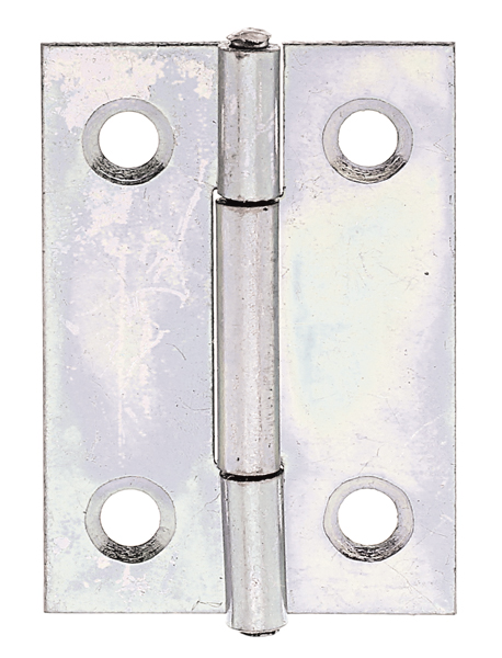 Hinge, narrow, with countersunk screw holes, Material: raw steel, Surface: sendzimir galvanised, with riveted stainless steel pin, Length: 38 mm, Width: 26 mm, Type: rolled, Material thickness: 0.75 mm, No. of holes: 4, Hole: Ø3.7 mm