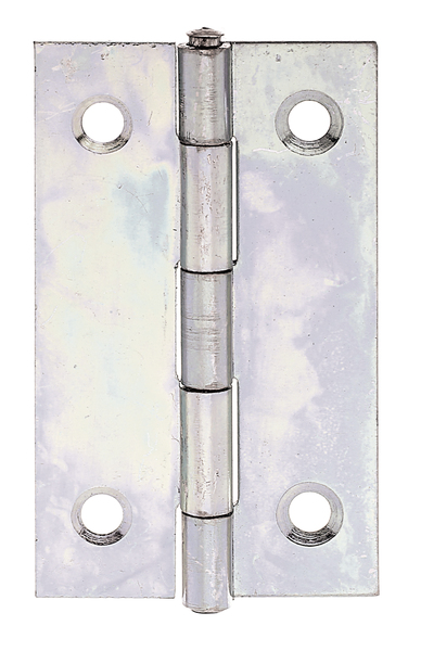 Hinge, narrow, with countersunk screw holes, Material: raw steel, Surface: sendzimir galvanised, with riveted stainless steel pin, Length: 51 mm, Width: 30 mm, Type: rolled, Material thickness: 0.75 mm, No. of holes: 4, Hole: Ø3.7 mm