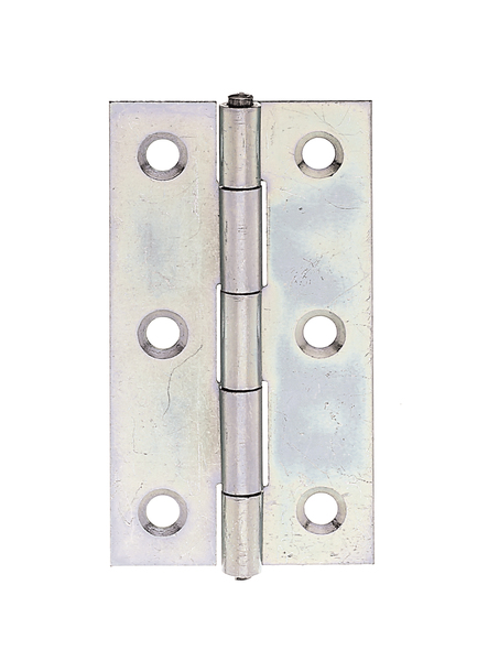 Hinge, narrow, with countersunk screw holes, Material: raw steel, Surface: sendzimir galvanised, with riveted stainless steel pin, Length: 60 mm, Width: 34 mm, Type: rolled, Material thickness: 1.00 mm, No. of holes: 6, Hole: Ø4.3 mm