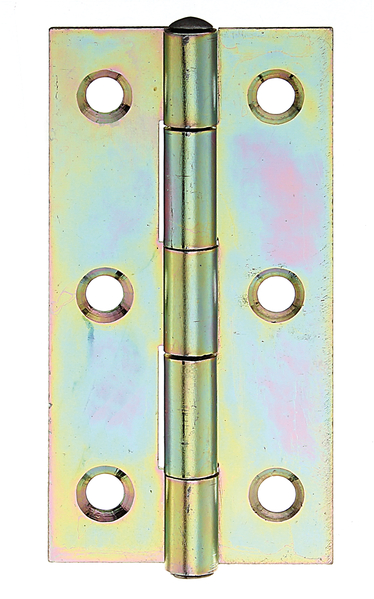 Hinge, narrow, with countersunk screw holes, Material: raw steel, Surface: yellow galvanised, with riveted stainless steel pin, Length: 70 mm, Width: 35 mm, Type: rolled, Material thickness: 1.00 mm, No. of holes: 6, Hole: Ø4.5 mm
