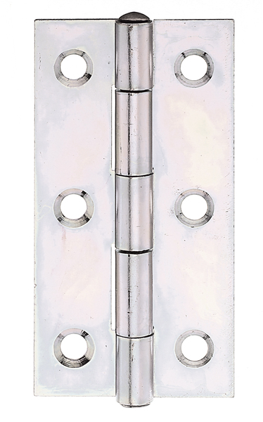 Hinge, narrow, with countersunk screw holes, Material: raw steel, Surface: sendzimir galvanised, with riveted stainless steel pin, Length: 70 mm, Width: 35.4 mm, Type: rolled, Material thickness: 1.00 mm, No. of holes: 6, Hole: Ø4.5 mm