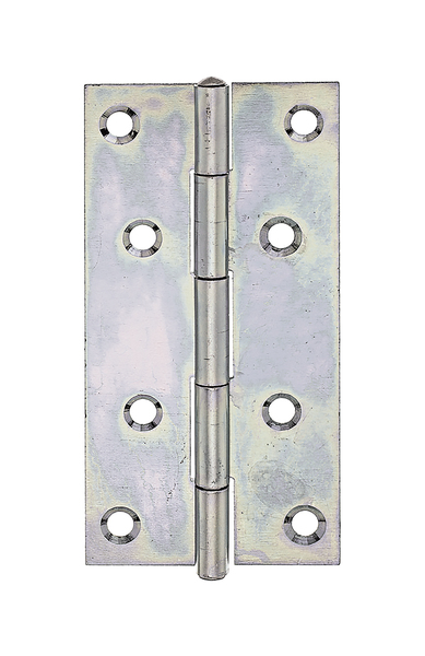 Hinge, narrow, with countersunk screw holes, Material: raw steel, Surface: sendzimir galvanised, with riveted stainless steel pin, Length: 100 mm, Width: 52 mm, Type: rolled, Material thickness: 1.25 mm, No. of holes: 8, Hole: Ø5.2 mm