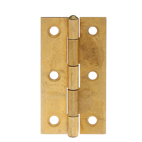 Hinge, narrow, with countersunk screw holes, Material: brass with riveted brass pin, Length: 64 mm, Width: 34 mm, Type: rolled, Material thickness: 1.00 mm, No. of holes: 6, Hole: Ø4.3 mm