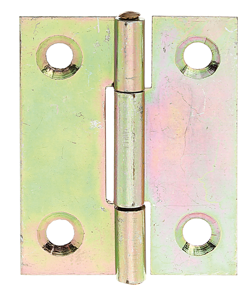 Hinge, medium, with riveted stainless steel pin, with countersunk screw holes, Material: raw steel, Surface: yellow galvanised, Length: 41 mm, Width: 33 mm, Type: rolled, Material thickness: 1.00 mm, No. of holes: 4, Hole: Ø4.7 mm