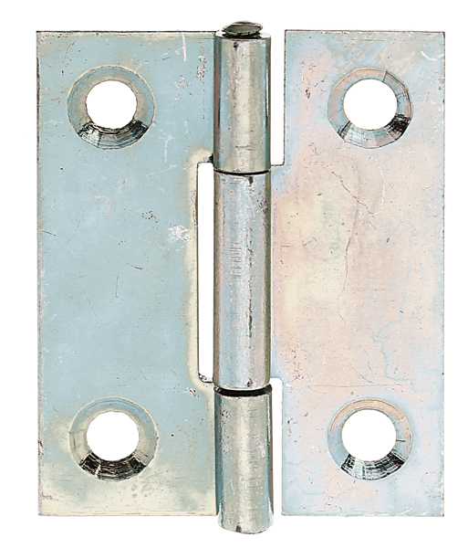 Hinge, medium, with riveted stainless steel pin, with countersunk screw holes, Material: raw steel, Surface: sendzimir galvanised, Length: 41 mm, Width: 32.9 mm, Type: rolled, Material thickness: 1.00 mm, No. of holes: 4, Hole: Ø4.7 mm