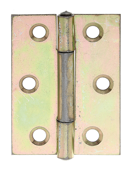 Hinge, medium, with riveted stainless steel pin, with countersunk screw holes, Material: raw steel, Surface: yellow galvanised, Length: 51 mm, Width: 37 mm, Type: rolled, Material thickness: 1.00 mm, No. of holes: 6, Hole: Ø4.5 mm