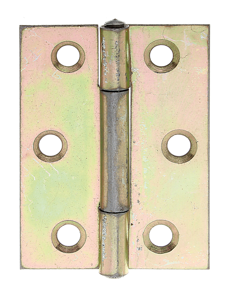 Charnière demi-large, avec goupille en acier inoxydable rivetée, avec trous de vis fraisés, Matériau: Acier brut, Finition: galvanisée Sendzimir, Longueur: 51 mm, Largeur: 37,2 mm, Version: roulée, Épaisseur: 1,00 mm, Nombre de trous: 6, Trou: Ø4,5 mm