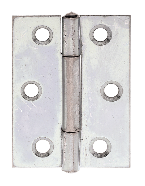 Bisagra semi larga, con pasador de inox remachado, con agujeros para atornillar avellanados, Material: Acero crudo, Superficie: acero galvanizado Sendzimir, Longitud: 51 mm, Anchura: 37,2 mm, Versión: enrollado, Espesura del material: 1,00 mm, Número de agujeros: 6, Perforación: Ø4,5 mm