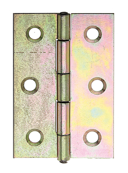 Hinge, medium, with riveted stainless steel pin, with countersunk screw holes, Material: raw steel, Surface: yellow galvanised, Length: 63 mm, Width: 43 mm, Type: rolled, Material thickness: 1.20 mm, No. of holes: 6, Hole: Ø5.4 mm