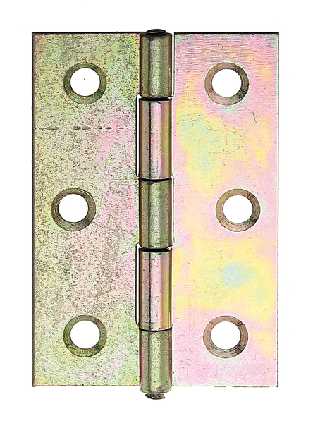 Hinge, medium, with riveted stainless steel pin, with countersunk screw holes, Material: raw steel, Surface: sendzimir galvanised, Length: 60 mm, Width: 46 mm, Type: rolled, Material thickness: 1.20 mm, No. of holes: 6, Hole: Ø5.4 mm