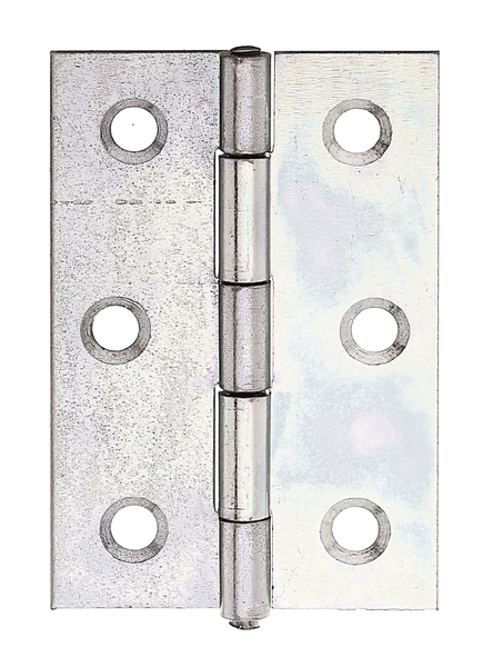 Charnière demi-large, avec goupille en acier inoxydable rivetée, avec trous de vis fraisés, Matériau: Acier brut, Finition: galvanisée Sendzimir, Longueur: 60 mm, Largeur: 46 mm, Version: roulée, Épaisseur: 1,20 mm, Nombre de trous: 6, Trou: Ø5,4 mm