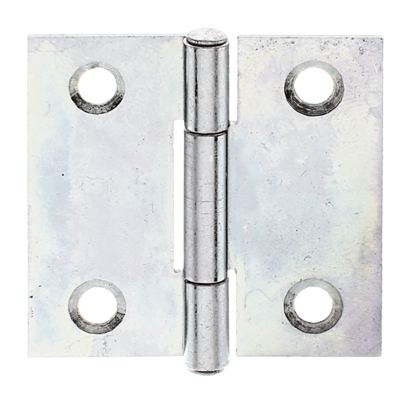 Hinge, squared, with countersunk screw holes, Material: raw steel, Surface: sendzimir galvanised, with riveted stainless steel pin, Length: 31.5 mm, Width: 31 mm, Type: rolled, Material thickness: 0.75 mm, No. of holes: 4, Hole: Ø3.5 mm