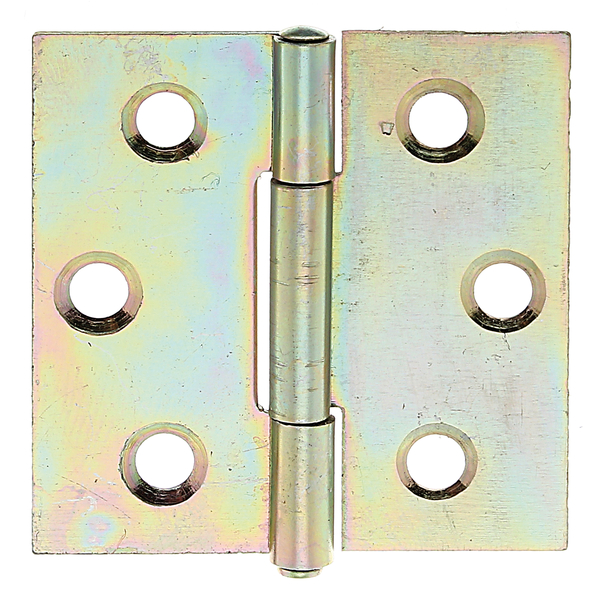 Hinge, squared, with countersunk screw holes, Material: raw steel, Surface: sendzimir galvanised, with riveted stainless steel pin, Length: 38 mm, Width: 38.4 mm, Type: rolled, Material thickness: 0.75 mm, No. of holes: 6, Hole: Ø4 mm