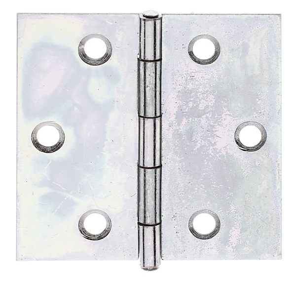 Scharnier, quadratisch, mit versenkten Schraublöchern, Material: Stahl roh, Oberfläche: sendzimirverzinkt, mit vernietetem Edelstahlstift, Länge: 51 mm, Breite: 51,2 mm, Ausführung: gerollt, Materialstärke: 0,75 mm, Anzahl Löcher: 6, Loch: Ø4,2 mm