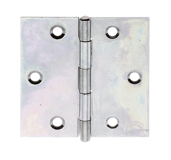 Hinge, squared, with countersunk screw holes, Material: raw steel, Surface: sendzimir galvanised, with riveted stainless steel pin, Length: 60 mm, Width: 60 mm, Type: rolled, Material thickness: 1.00 mm, No. of holes: 6, Hole: Ø4.5 mm