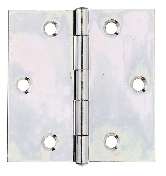Hinge, squared, with countersunk screw holes, Material: raw steel, Surface: sendzimir galvanised, with riveted stainless steel pin, Length: 70 mm, Width: 70 mm, Type: rolled, Material thickness: 1.50 mm, No. of holes: 6, Hole: Ø5 mm