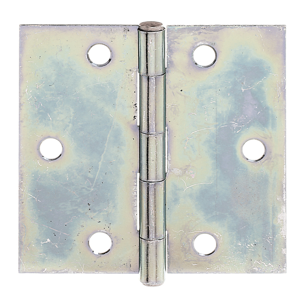 Hinge, squared, with countersunk screw holes, Material: raw steel, Surface: sendzimir galvanised, with riveted stainless steel pin, Length: 80 mm, Width: 80 mm, Type: rolled, Material thickness: 1.00 mm, No. of holes: 6, Hole: Ø6.3 mm