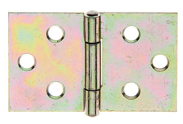 Hinge, wide, with riveted stainless steel pin, Material: raw steel, Surface: yellow galvanised, Length: 30 mm, Width: 47 mm, Type: rolled, Material thickness: 1.00 mm, No. of holes: 6, Hole: Ø4 mm