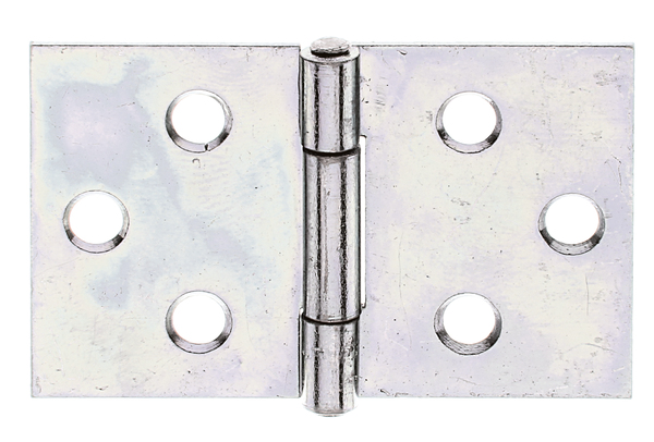 Charnière large, avec goupille en acier inoxydable rivetée, Matériau: Acier brut, Finition: galvanisée Sendzimir, Longueur: 30 mm, Largeur: 47,5 mm, Version: roulée, Épaisseur: 1,00 mm, Nombre de trous: 6, Trou: Ø4 mm