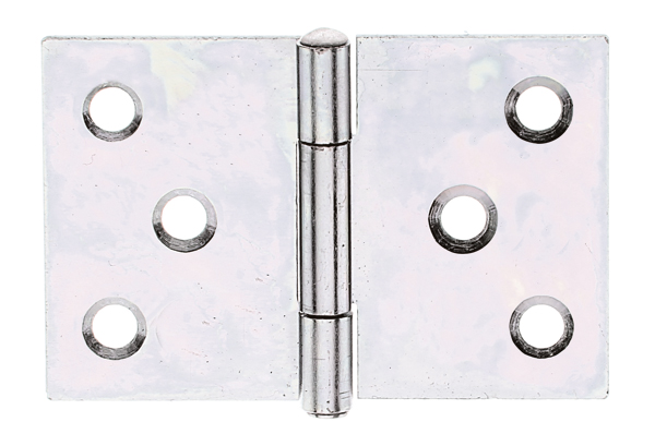 Hinge, wide, with riveted stainless steel pin, Material: raw steel, Surface: yellow galvanised, Length: 40 mm, Width: 58 mm, Type: rolled, Material thickness: 0.90 mm, No. of holes: 6, Hole: Ø4.5 mm