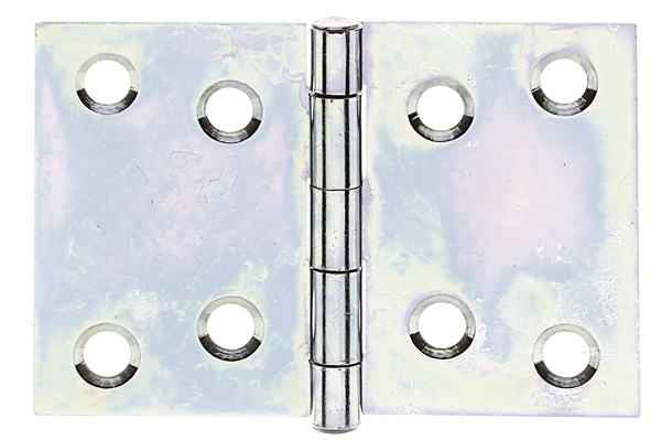 Charnière large, avec goupille en acier inoxydable rivetée, Matériau: Acier brut, Finition: galvanisée Sendzimir, Longueur: 50 mm, Largeur: 75 mm, Version: roulée, Épaisseur: 1,00 mm, Nombre de trous: 8, Trou: Ø5,5 mm