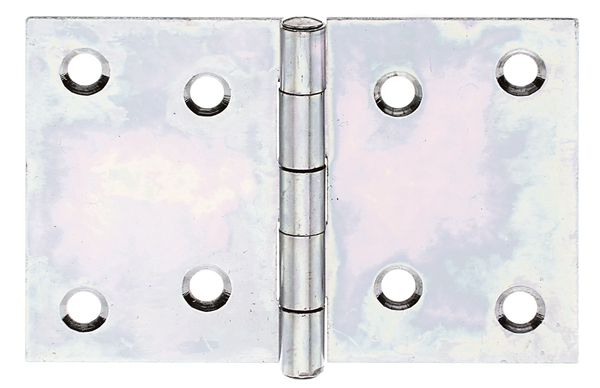 Charnière large, avec goupille en acier inoxydable rivetée, Matériau: Acier brut, Finition: galvanisée Sendzimir, Longueur: 60 mm, Largeur: 90 mm, Version: roulée, Épaisseur: 1,25 mm, Nombre de trous: 8, Trou: Ø5,3 mm