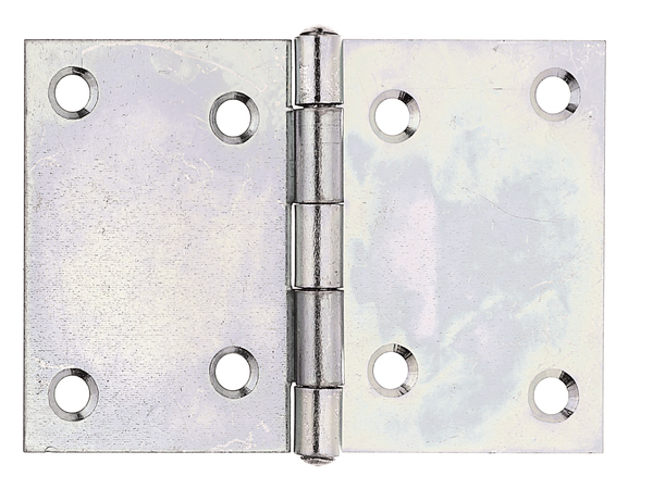 Charnière large, avec goupille en acier inoxydable rivetée, Matériau: Acier brut, Finition: galvanisée Sendzimir, Longueur: 70 mm, Largeur: 104,5 mm, Version: roulée, Épaisseur: 1,25 mm, Nombre de trous: 8, Trou: Ø6 mm