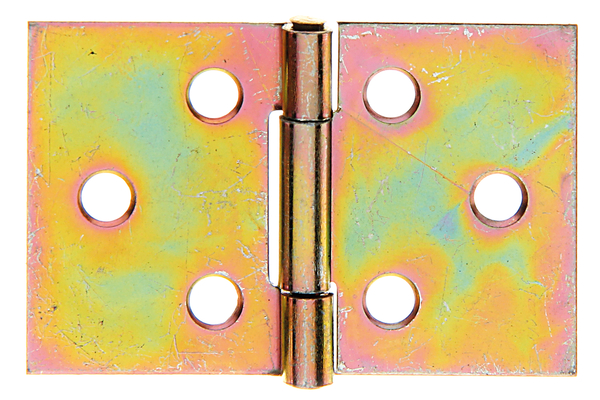 Hinge, wide, with riveted stainless steel pin, Material: raw steel, Surface: yellow galvanised, Contents per PU: 2 Piece, Length: 25 mm, Width: 38.5 mm, Type: rolled, Material thickness: 0.75 mm, No. of holes: 6, Hole: Ø3.3 mm, Retail packaged