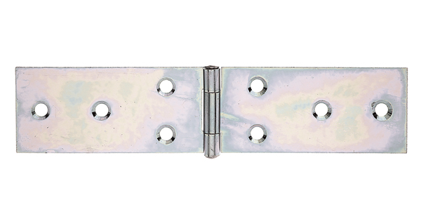 Table hinge, with riveted stainless steel pin, with countersunk screw holes, Material: raw steel, Surface: sendzimir galvanised, Length: 40 mm, Width: 180 mm, Type: rolled, Material thickness: 1.50 mm, No. of holes: 8, Hole: Ø6 mm