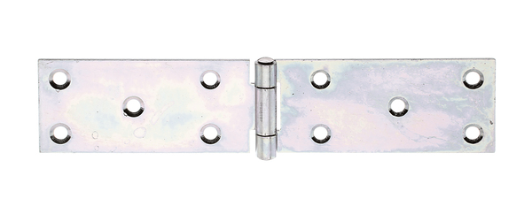 Table hinge, with riveted stainless steel pin, with countersunk screw holes, Material: raw steel, Surface: sendzimir galvanised, Length: 44 mm, Width: 200 mm, Type: rolled, Material thickness: 2.00 mm, No. of holes: 10, Hole: Ø6 mm