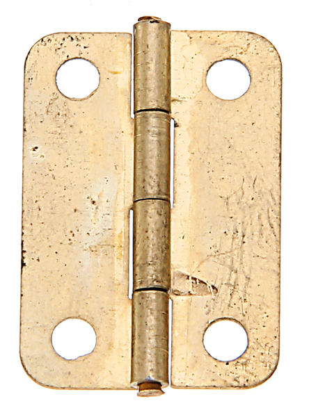 Chest hinge, with stainless steel pin, Material: raw steel, Surface: brass-plated, Contents per PU: 4 Piece, Length: 24 mm, Width: 17 mm, Material thickness: 0.50 mm, No. of holes: 4, Hole: Ø2.6 mm, Retail packaged