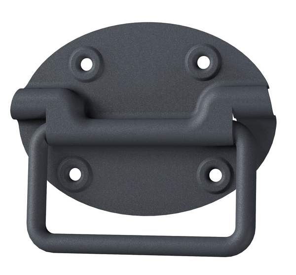 Manilla de baúl Ovado, Material: Acero, Superficie: galvanizado, con recubrimiento de plástico gris grafito, Anchura de la pletina: 110 mm, Altura de la pletina: 80 mm, Profundidad: 12 mm, Espesura del material: 1,20 mm, Número de agujeros: 4, Perforación: Ø5 mm
