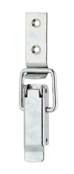 Hasp with latch without lock eye, with cranked closing hook, with countersunk screw holes, Material: raw steel, Surface: galvanised, thick-film passivated, Contents per PU: 1 Piece, Width: 18 mm, Height: 61 mm, Loop width: 22 mm, No. of holes: 2, Hole: Ø4 mm, Retail packaged