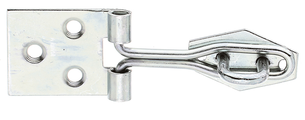 Hasp with staple, made of rolled wire, with countersunk screw holes, Material: raw steel, Surface: galvanised, thick-film passivated, Length of top latch: 80 mm, Width of screw-on plate: 26 mm, Length of screw-on plate: 30 mm, Distance centre of screw-on plate roller - centre of eye plate: 35 mm, Length of eye plate: 31 mm, No. of holes: 3 / 2, Hole: Ø4 / Ø3 mm