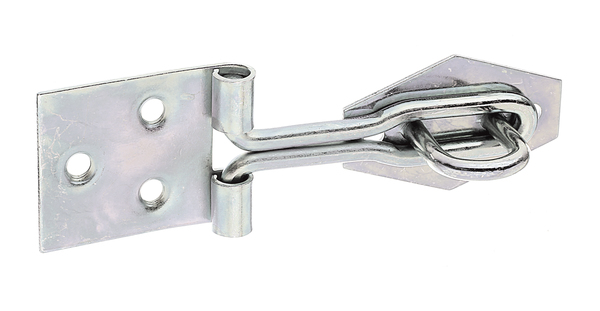 Hasp with staple, made of rolled wire, with countersunk screw holes, Material: raw steel, Surface: galvanised, thick-film passivated, Length of top latch: 93.5 mm, Width of screw-on plate: 31.5 mm, Length of screw-on plate: 33.5 mm, Distance centre of screw-on plate roller - centre of eye plate: 42 mm, Length of eye plate: 42 mm, No. of holes: 3 / 2, Hole: Ø4.3 / Ø4 mm