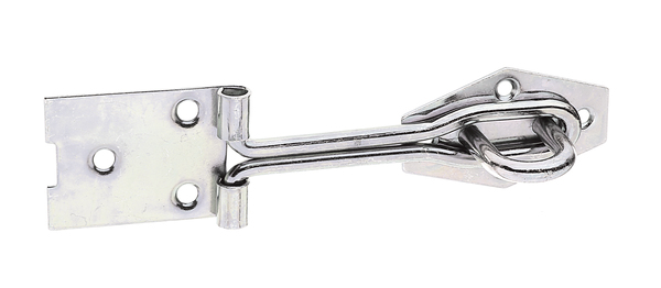 Hasp with staple, made of rolled wire, with countersunk screw holes, Material: raw steel, Surface: galvanised, thick-film passivated, Length of top latch: 140 mm, Width of screw-on plate: 36 mm, Length of screw-on plate: 45 mm, Distance centre of screw-on plate roller - centre of eye plate: 73 mm, Length of eye plate: 58 mm, No. of holes: 3 / 4, Hole: Ø5 / Ø4 mm