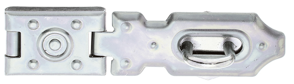 Security closing hasp, stamped, with blind screw holes, Material: raw steel, Surface: galvanised, thick-film passivated, Length of top latch: 70 mm, Width: 26 mm, Length of screw-on plate: 35 mm, Distance centre of slot - centre pin: 42 mm, No. of holes: 1 / 4 / 2, Hole: 7 x 23.5 / Ø3 / Ø4 mm