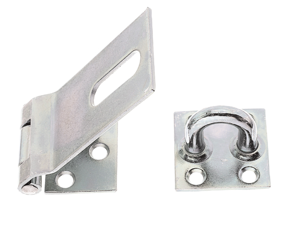 Security closing hasp, with blind screw holes, with countersunk screw holes, Material: raw steel, Surface: galvanised, thick-film passivated, Length of top latch: 85 mm, Width: 37 mm, Length of screw-on plate: 38 mm, Distance centre of slot - centre pin: 62.5 mm, Material thickness: 2.00 mm, No. of holes: 1 / 3 / 4, Hole: 10 x 32 / Ø6 / Ø5.4 mm