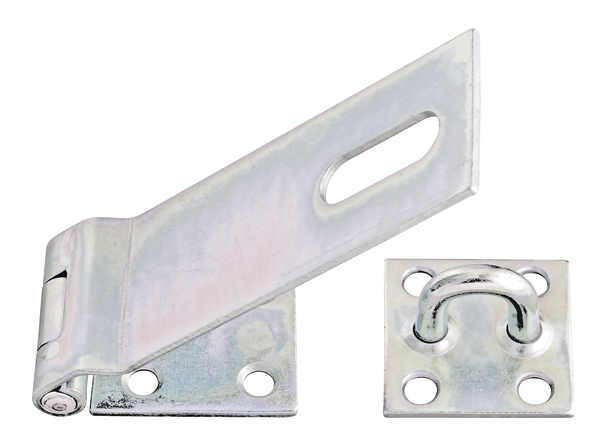 Security closing hasp, with blind screw holes, with countersunk screw holes, Material: raw steel, Surface: galvanised, thick-film passivated, Length of top latch: 153 mm, Width: 50 mm, Length of screw-on plate: 68 mm, Distance centre of slot - centre pin: 121.5 mm, Material thickness: 3.00 mm, No. of holes: 1 / 4 / 4, Hole: 14 x 40 / Ø8 / Ø8.5 mm