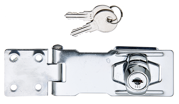 Security closing hasp, lockable, with countersunk screw holes, with blind screw holes, Material: raw steel, Surface: chrome-plated, Length of top latch: 100 mm, Width: 41.5 mm, Length of screw-on plate: 40 mm, Distance centre of slot - centre pin: 70 mm, Material thickness: 1.75 mm, No. of holes: 4 / 4, Hole: Ø4.5 / Ø5 mm