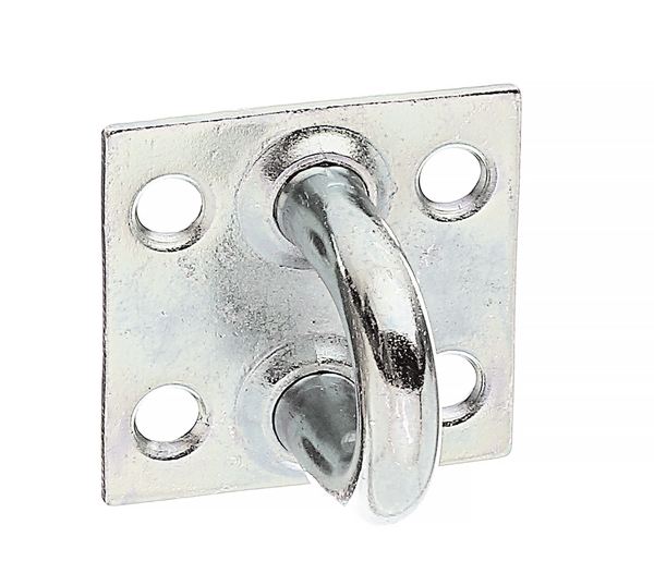 Öse auf Platte, Material: Stahl roh, Oberfläche: galvanisch verzinkt, Dickschichtschutz, Plattenlänge: 37 mm, Plattenbreite: 37 mm, Bügel-Ø: 7 mm, Materialstärke: 2,00 mm, Anzahl Löcher: 4, Loch: Ø5,5 mm