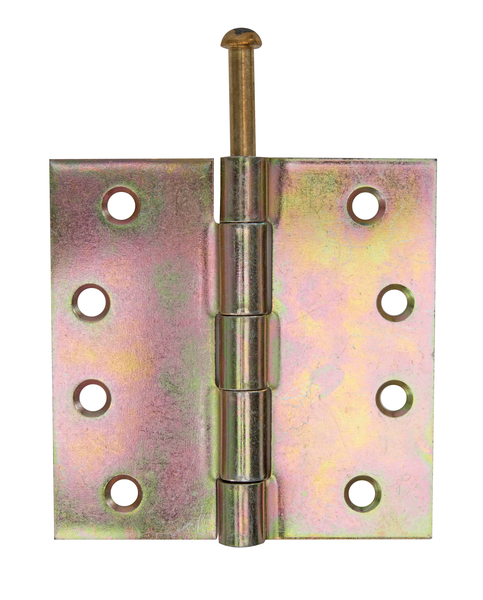 Hinge, squared, with loose stainless steel pin, with countersunk screw holes, Material: raw steel, Surface: sendzimir galvanised, Length: 100 mm, Width: 100 mm, Type: rolled, Material thickness: 2.50 mm, No. of holes: 8, Hole: Ø5.8 mm